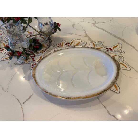 Fire King Tree of Life Meat Platter milk glass with gold edge rim 11x15 - Picture 8 of 9